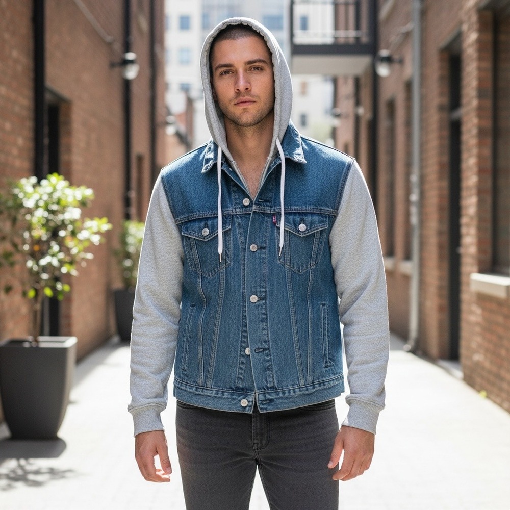 Levis Mens Hybrid Denim Trucker Jacket Grey Hooded Sweatshirt Blue Size M - Picture 2 of 11